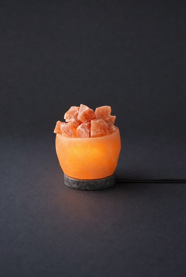 ROCK SALT PINK FENG SHUI BOWL WITH MARBLE BASE + METAL + STONES + ELECTRIC