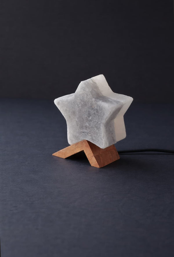 ROCK SALT WHITE / BLACK LED LAMP TWIN STAR WITH WOOD + LED & USB CABLE