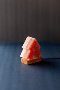 ROCK SALT PINK / RED LED LAMP TWIN TREE WITH WOOD + LED & USB CABLE