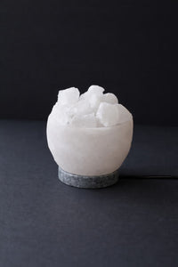 ROCK SALT WHITE FENG SHUI BOWL WITH MARBLE BASE + METAL + STONES + ELECTRIC