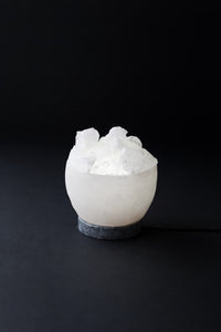 ROCK SALT WHITE FENG SHUI BOWL WITH MARBLE BASE + METAL + STONES + ELECTRIC