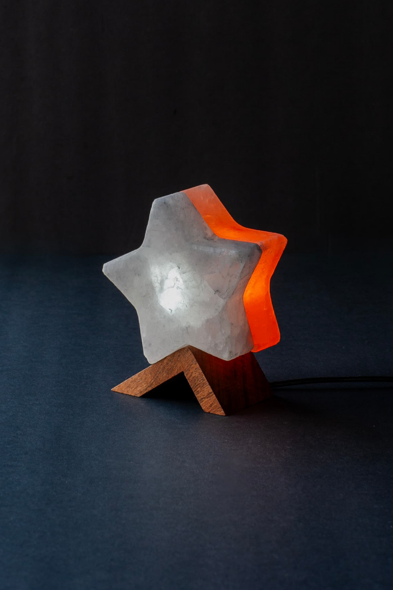 ROCK SALT PINK / BLACK LED LAMP TWIN STAR WITH WOOD + LED & USB CABLE