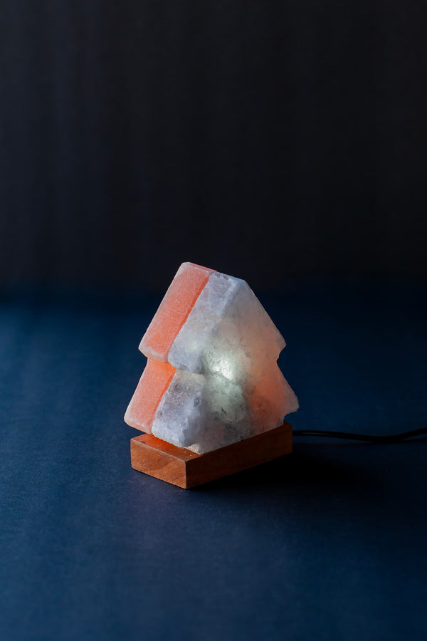 ROCK SALT PINK / BLACK LED LAMP TWIN TREE WITH WOOD + LED & USB CABLE