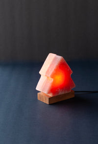 ROCK SALT PINK / RED LED LAMP TWIN TREE WITH WOOD + LED & USB CABLE