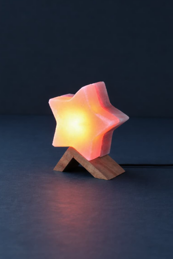 ROCK SALT PINK / RED LED LAMP TWIN STAR WITH WOOD + LED & USB CABLE